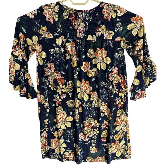 SJP Dress Womens Size L Blue Pink Beige Floral Smocked Ruffle Long Sleeves Fairy - Picture 2 of 6